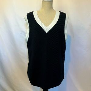 Drop Shoulder Black Women’s pullover sweater vest by Talbots. Cream Trim V Neck
